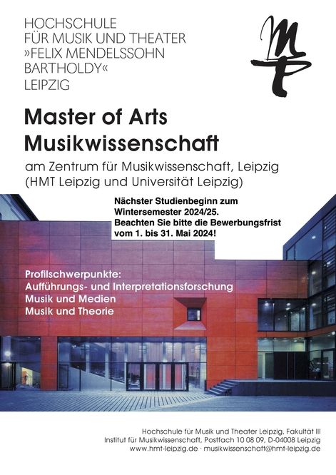 Masterstudiengang Musikwissenschaft Für die nächste Bewerbungsrunde zum WS 2024/25 wird das Bewerbungsportal vom 1. bis zum 31. Mai 2024 geöffnet.